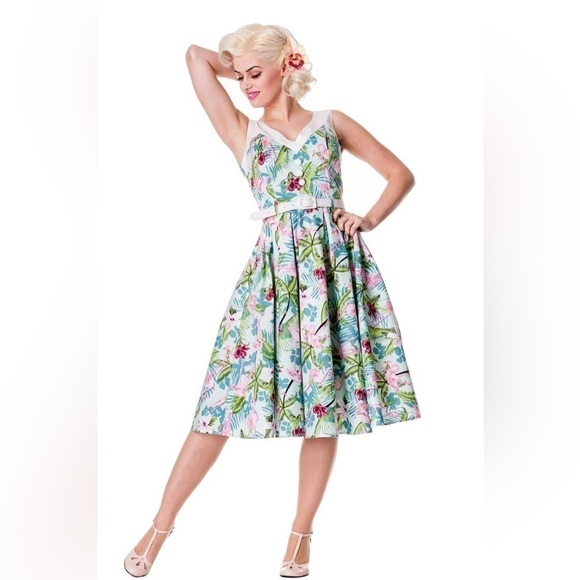Vintage Hell Bunny Vixen Flamingo Tropical Print  Dress Womens M Floral Cotton - Picture 1 of 6
